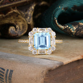 2.5CT Radiant Cut Aquamarine Engagement Ring Pave Halo Bridal Ring